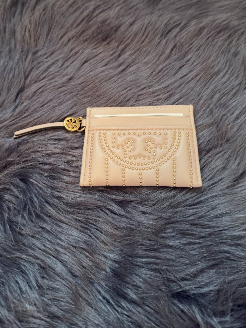 Tory Burch Fleming Mini Stud Slim Card Case Shell Pink NWT
